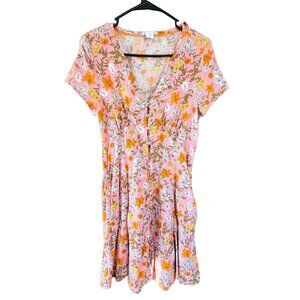 Cynthia Rowley Pink Floral Linen Blend Midi Dress Button Front Cottagecore Size